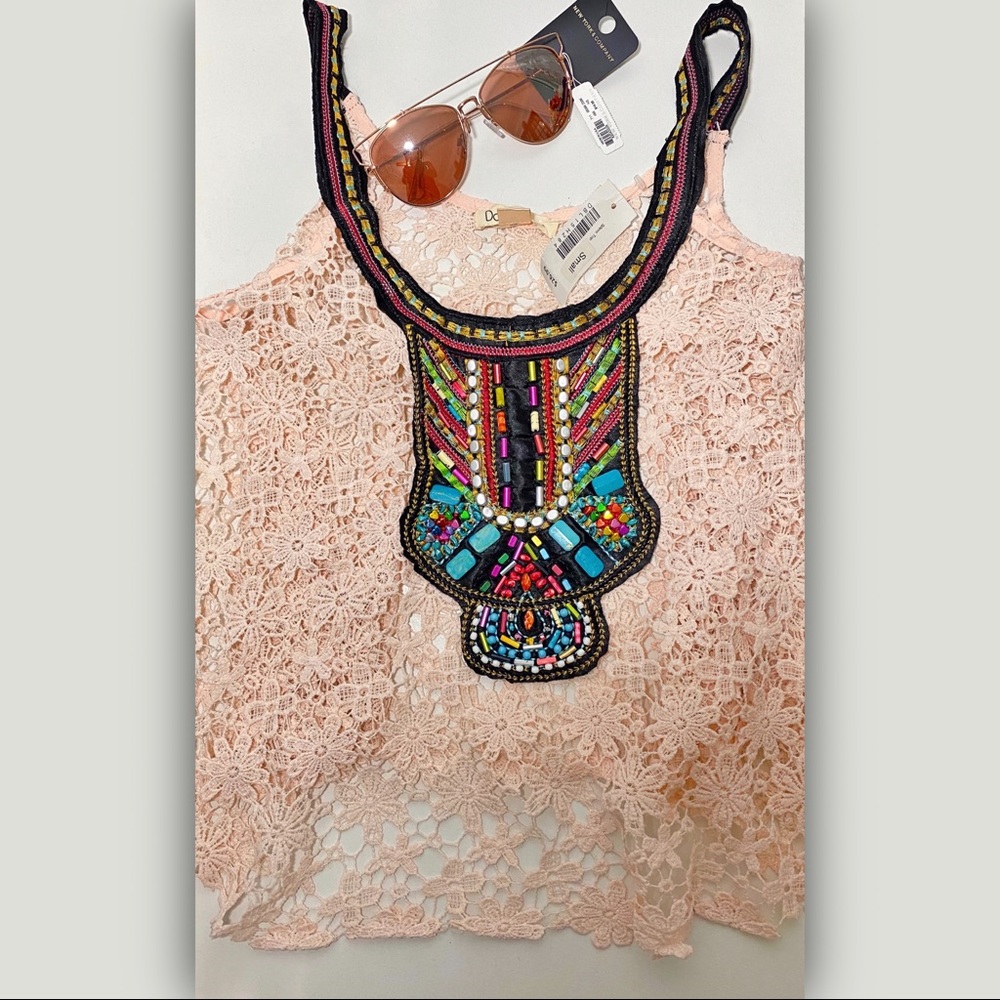 Embellished salmon color mesh top